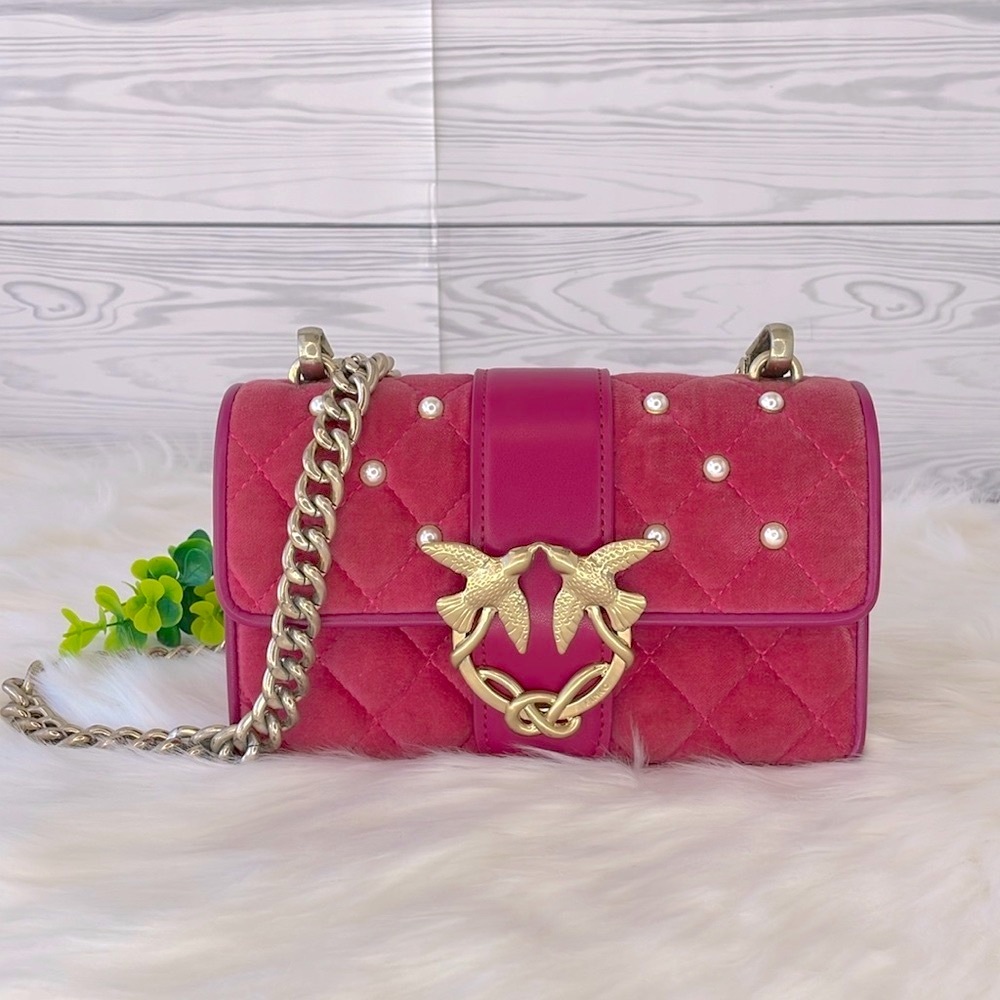 Pinko Quilted Velvet & Leather Love Bag with Chain Strap - Picture 3 of 17